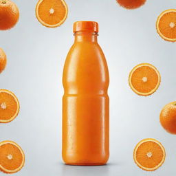 Design a refreshing image of an orange drink bottle. The bottle should appear cold, with condensation droplets, be vibrant and filled with orange juice.