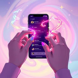 An enchanting illustration featuring two hands skillfully weaving streams of colorful magical energy in front of a sleek mobile phone