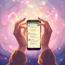 An enchanting illustration featuring two hands skillfully weaving streams of colorful magical energy in front of a sleek mobile phone