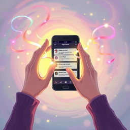 An enchanting illustration featuring two hands skillfully weaving streams of colorful magical energy in front of a sleek mobile phone