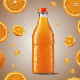 Design a refreshing image of an orange drink bottle. The bottle should appear cold, with condensation droplets, be vibrant and filled with orange juice.