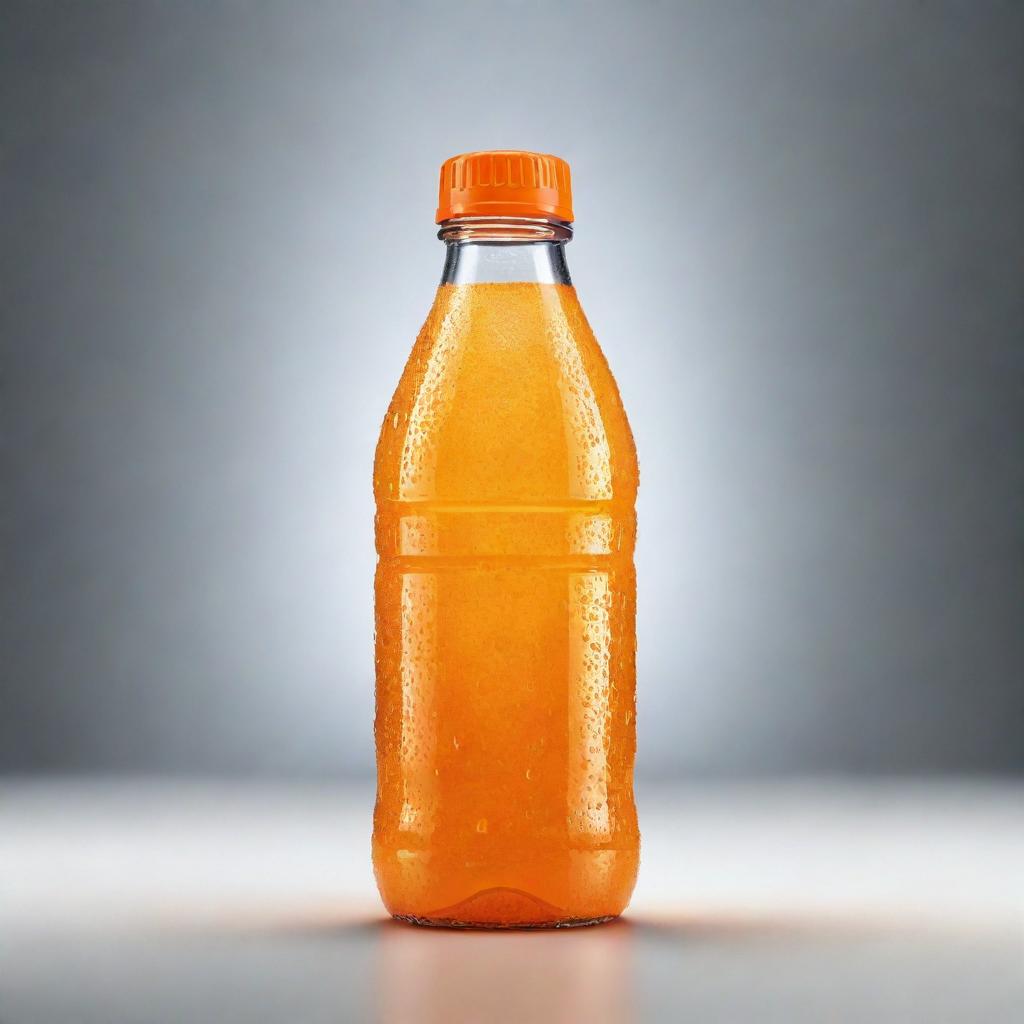 Design a refreshing image of an orange drink bottle. The bottle should appear cold, with condensation droplets, be vibrant and filled with orange juice.