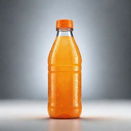 Design a refreshing image of an orange drink bottle. The bottle should appear cold, with condensation droplets, be vibrant and filled with orange juice.