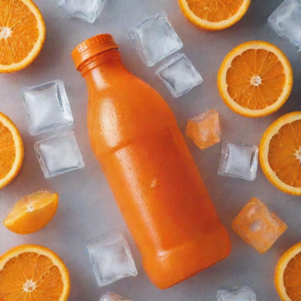 Generate an image of an orange drink bottle surrounded by ice cubes. The image should convey the refreshing coolness of the beverage, with condensation on the bottle, and the popping orange color.