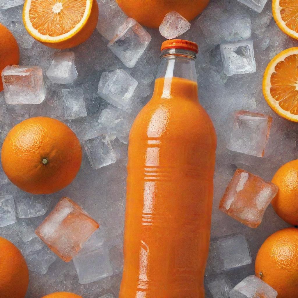 Generate an image of an orange drink bottle surrounded by ice cubes. The image should convey the refreshing coolness of the beverage, with condensation on the bottle, and the popping orange color.