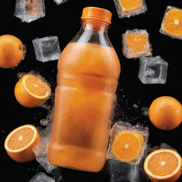 Generate an image of an orange drink bottle surrounded by ice cubes. The image should convey the refreshing coolness of the beverage, with condensation on the bottle, and the popping orange color.