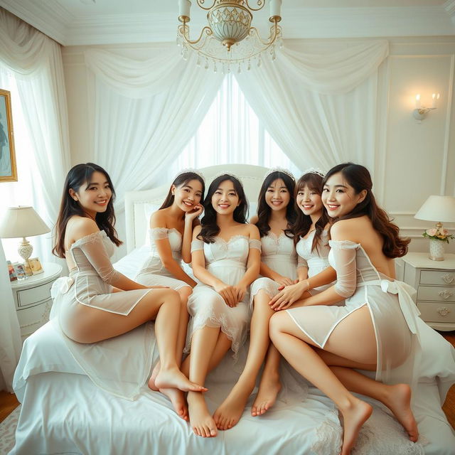 Five Vietnamese girls resembling the famous singers Amee, Phuong Linh, and Suni Ha Linh, joyfully engaging in playful activities in a beautifully decorated bedroom with a wedding theme