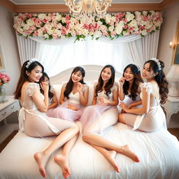Five Vietnamese girls resembling the famous singers Amee, Phuong Linh, and Suni Ha Linh, joyfully engaging in playful activities in a beautifully decorated bedroom with a wedding theme