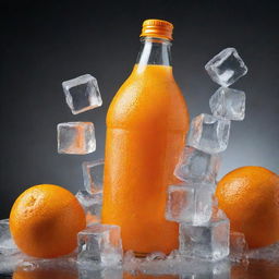 Generate an image of an orange drink bottle surrounded by ice cubes. The image should convey the refreshing coolness of the beverage, with condensation on the bottle, and the popping orange color.