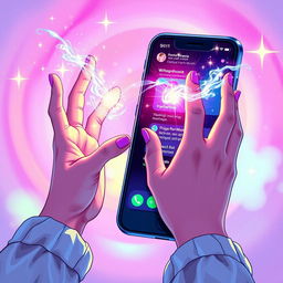 An enchanting illustration portraying two hands gracefully channeling sparkling magical flows in vibrant colors, positioned in front of a sleek mobile phone