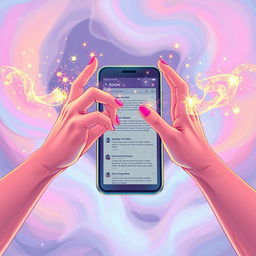 An enchanting illustration portraying two hands gracefully channeling sparkling magical flows in vibrant colors, positioned in front of a sleek mobile phone