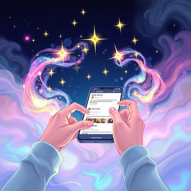 An enchanting illustration portraying two hands gracefully channeling sparkling magical flows in vibrant colors, positioned in front of a sleek mobile phone