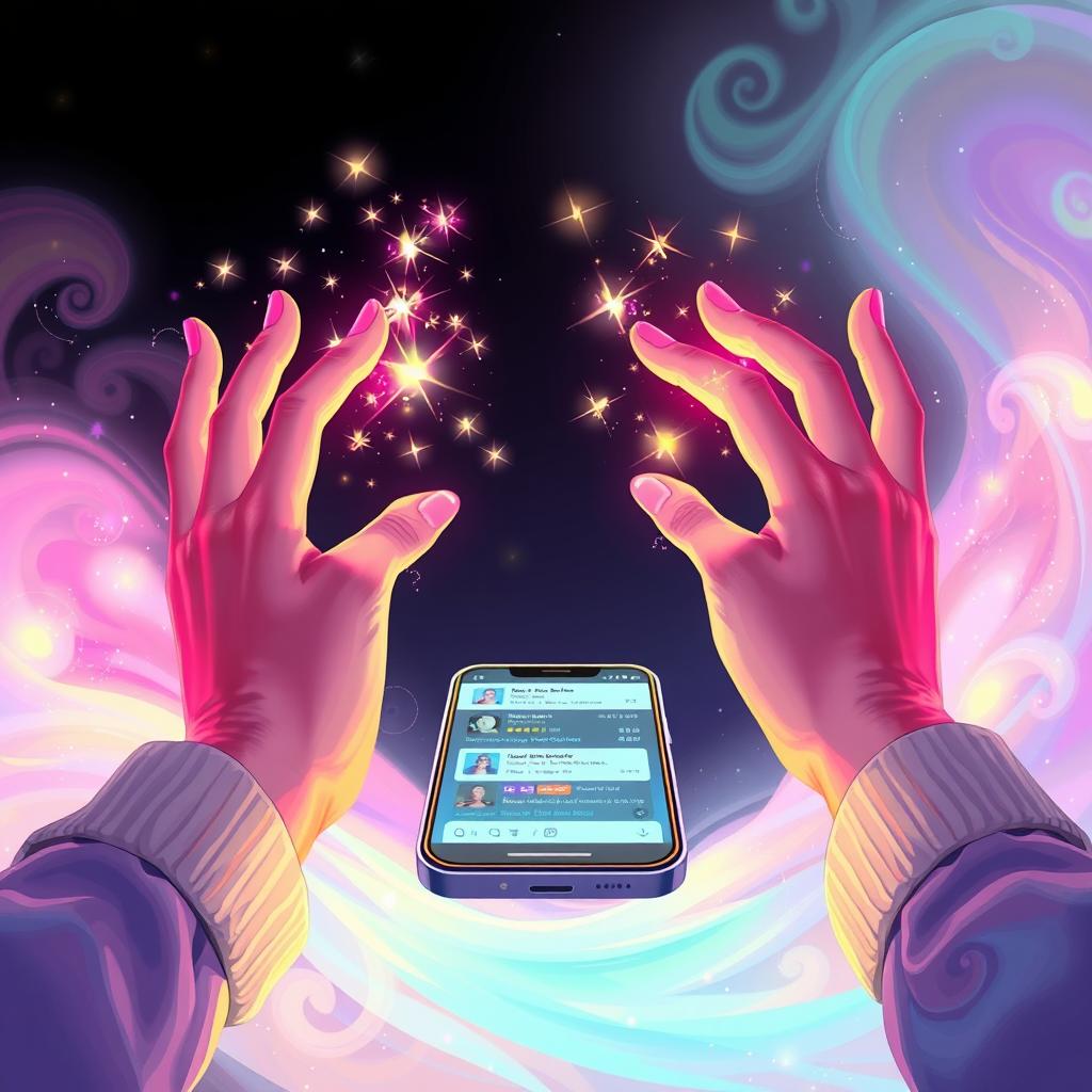 An enchanting illustration portraying two hands gracefully channeling sparkling magical flows in vibrant colors, positioned in front of a sleek mobile phone