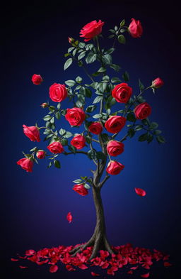 An elegant and resilient theme represented through a stunning visual of a tree adorned with red roses