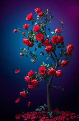 An elegant and resilient theme represented through a stunning visual of a tree adorned with red roses