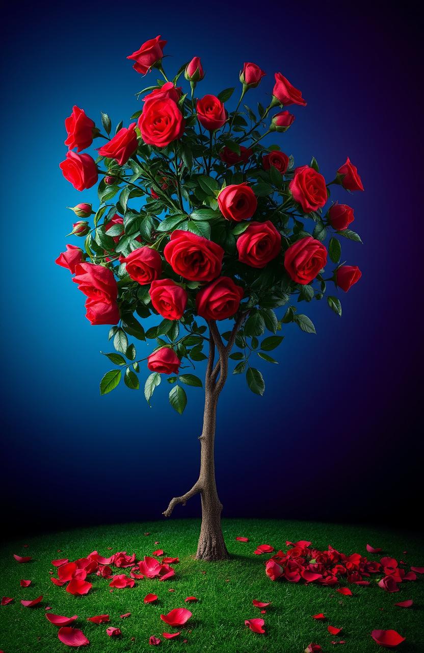 An elegant and resilient theme represented through a stunning visual of a tree adorned with red roses