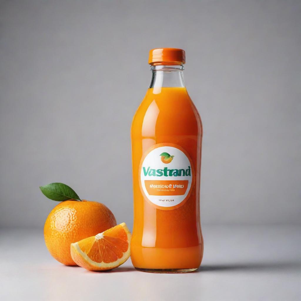 Design an image of a vibrant orange drink bottle labeled 'Vastrand'. Emphasize the freshness and vitality of the juice, with the brand name prominently displayed.