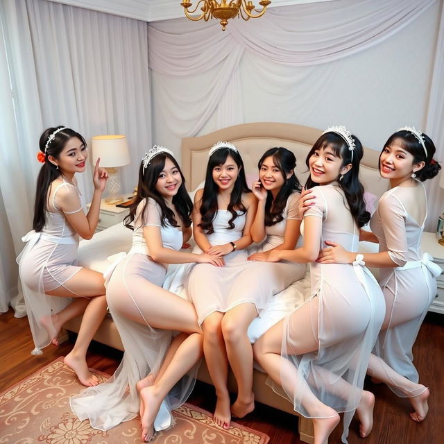 Five Vietnamese girls resembling the famous singers Amee, Phuong Linh, and Suni Ha Linh, playfully interacting in a beautifully decorated bedroom with a wedding theme