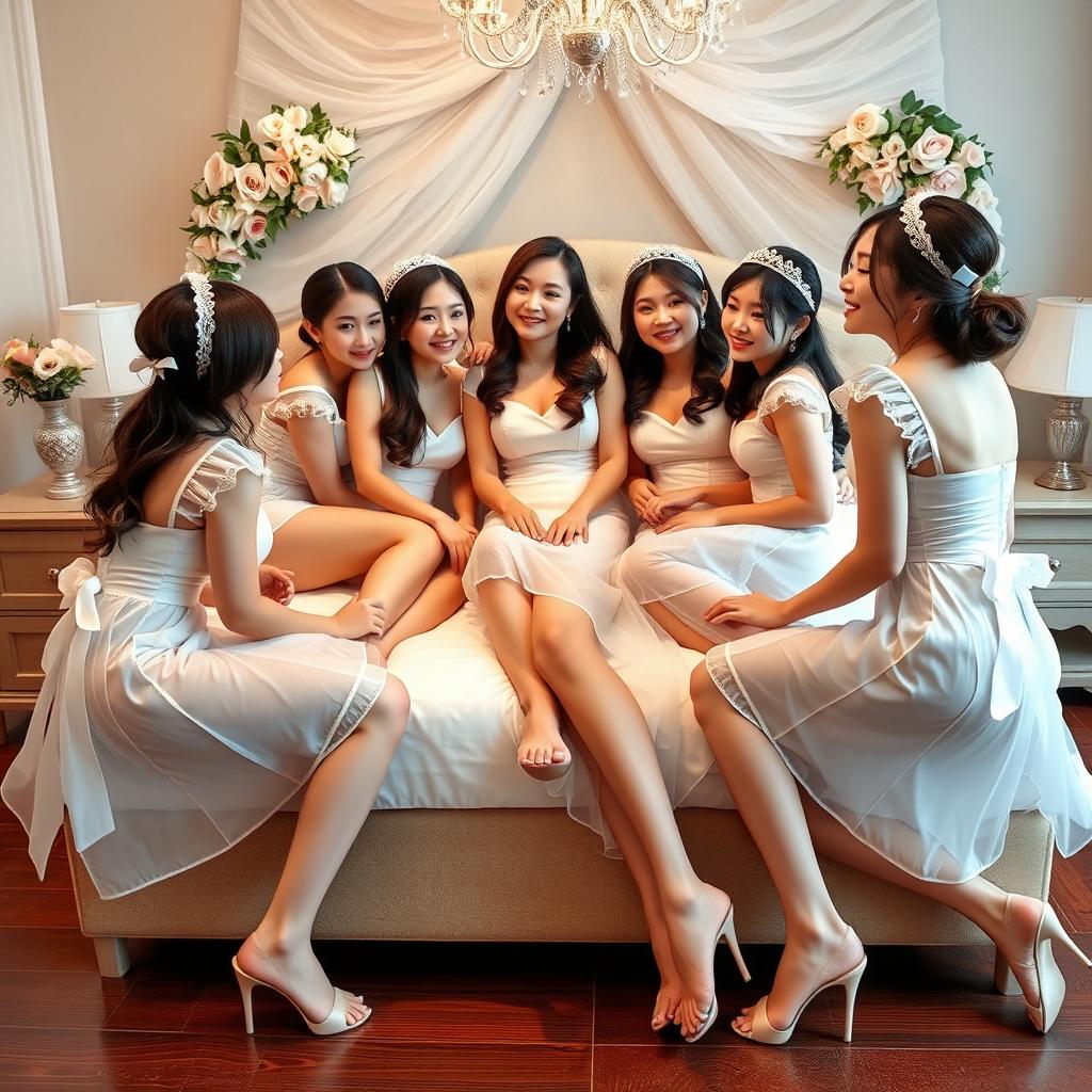 Five Vietnamese girls resembling the famous singers Amee, Phuong Linh, and Suni Ha Linh, playfully interacting in a beautifully decorated bedroom with a wedding theme