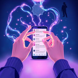 A captivating illustration depicting two hands elegantly manipulating vibrant streams of magical energy in front of a sleek mobile phone
