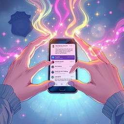 A captivating illustration depicting two hands elegantly manipulating vibrant streams of magical energy in front of a sleek mobile phone