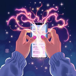 A captivating illustration depicting two hands elegantly manipulating vibrant streams of magical energy in front of a sleek mobile phone