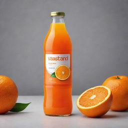 Design an image of a vibrant orange drink bottle labeled 'Vastrand'. Emphasize the freshness and vitality of the juice, with the brand name prominently displayed.