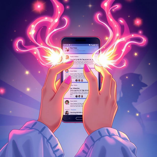 A captivating illustration depicting two hands elegantly manipulating vibrant streams of magical energy in front of a sleek mobile phone