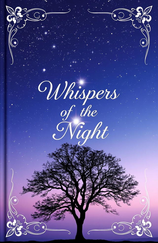 A beautifully designed poetry book cover featuring a serene night sky filled with twinkling stars, with a graceful silhouette of a tree in the foreground