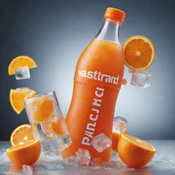 Create an attractive image of a 'Vastrand' orange drink bottle surrounded by ice cubes. The picture should highlight the cool and refreshing nature of the drink, with the brand name clearly visible.