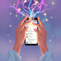 A captivating illustration showcasing two hands elegantly manipulating vibrant streams of magical energy in front of a sleek mobile phone