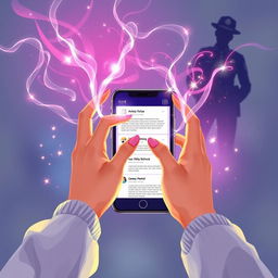 A captivating illustration showcasing two hands elegantly manipulating vibrant streams of magical energy in front of a sleek mobile phone