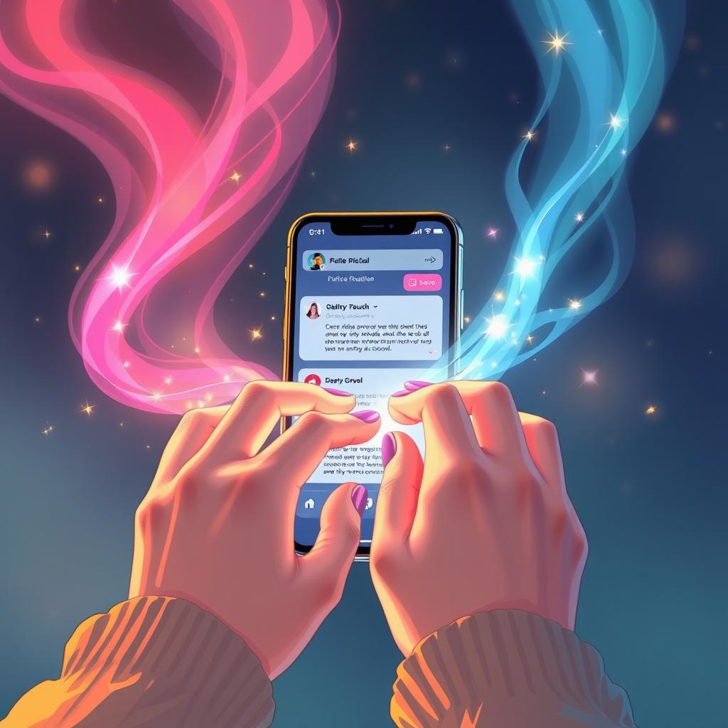 A captivating illustration showcasing two hands elegantly manipulating vibrant streams of magical energy in front of a sleek mobile phone