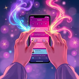 A captivating illustration showcasing two hands elegantly manipulating vibrant streams of magical energy in front of a sleek mobile phone