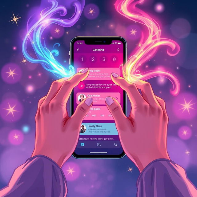 A captivating illustration showcasing two hands elegantly manipulating vibrant streams of magical energy in front of a sleek mobile phone