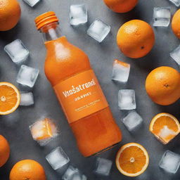 Create an attractive image of a 'Vastrand' orange drink bottle surrounded by ice cubes. The picture should highlight the cool and refreshing nature of the drink, with the brand name clearly visible.