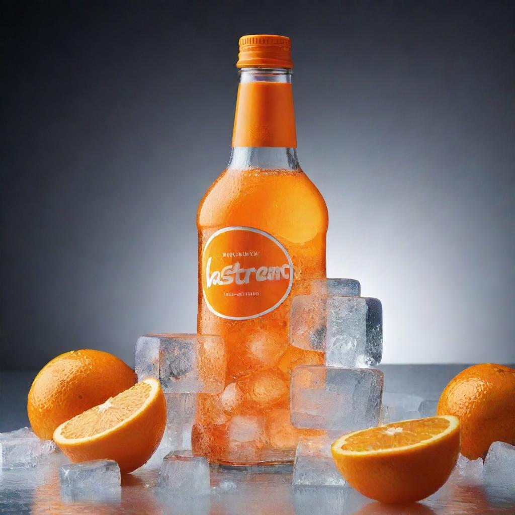 Create an attractive image of a 'Vastrand' orange drink bottle surrounded by ice cubes. The picture should highlight the cool and refreshing nature of the drink, with the brand name clearly visible.