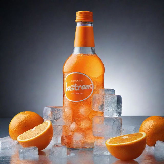 Create an attractive image of a 'Vastrand' orange drink bottle surrounded by ice cubes. The picture should highlight the cool and refreshing nature of the drink, with the brand name clearly visible.