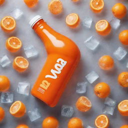 Create an attractive image of a 'Vastrand' orange drink bottle surrounded by ice cubes. The picture should highlight the cool and refreshing nature of the drink, with the brand name clearly visible.