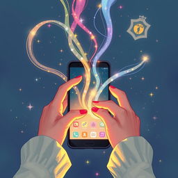 An enchanting illustration featuring two hands skillfully manipulating vibrant streams of magic that flow gracefully in front of a sleek mobile phone