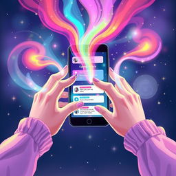 An enchanting illustration featuring two hands skillfully manipulating vibrant streams of magic that flow gracefully in front of a sleek mobile phone