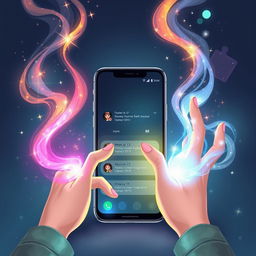 An enchanting illustration featuring two hands skillfully manipulating vibrant streams of magic that flow gracefully in front of a sleek mobile phone