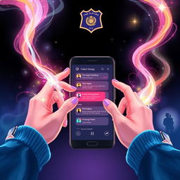 An enchanting illustration featuring two hands skillfully manipulating vibrant streams of magic that flow gracefully in front of a sleek mobile phone