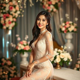 A stunning Vietnamese girl resembling Suni Ha Linh, wearing an elegant and sexy ao dai that is sheer and see-through