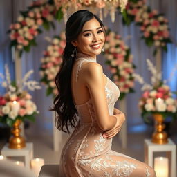 A stunning Vietnamese girl resembling Suni Ha Linh, wearing an elegant and sexy ao dai that is sheer and see-through