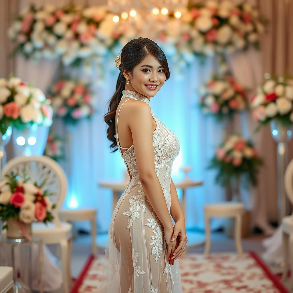 A stunning Vietnamese girl resembling Suni Ha Linh, wearing an elegant and sexy ao dai that is sheer and see-through