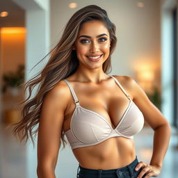 A confident and striking young woman with big breasts, wearing only a stylish bra that complements her figure