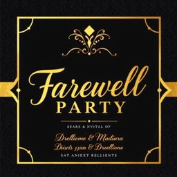 A striking invitation card designed in a black and gold color scheme, featuring luxurious gold foil lettering that reads 'Farewell Party'