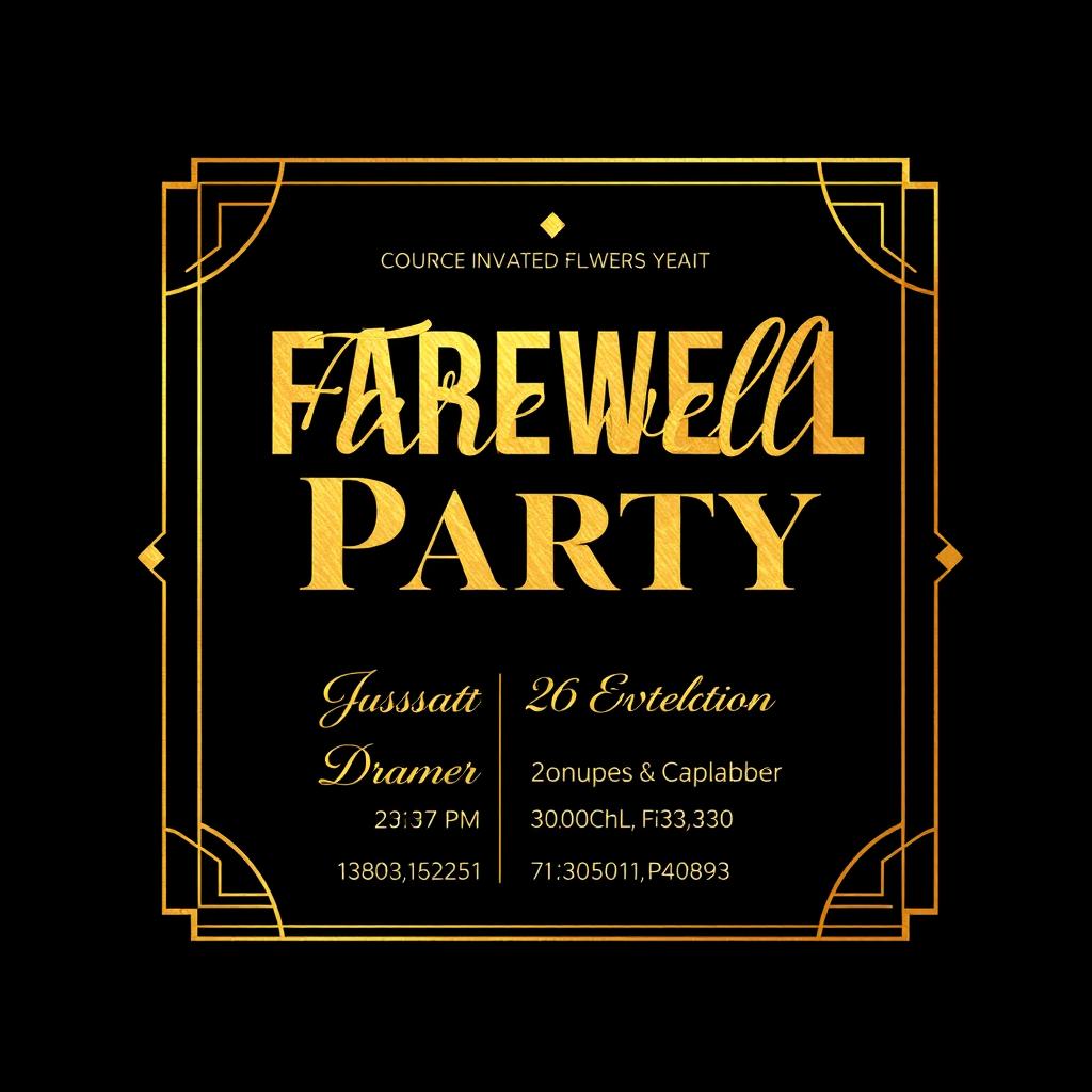 A striking invitation card designed in a black and gold color scheme, featuring luxurious gold foil lettering that reads 'Farewell Party'