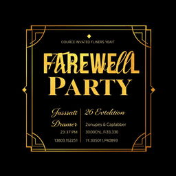 A striking invitation card designed in a black and gold color scheme, featuring luxurious gold foil lettering that reads 'Farewell Party'